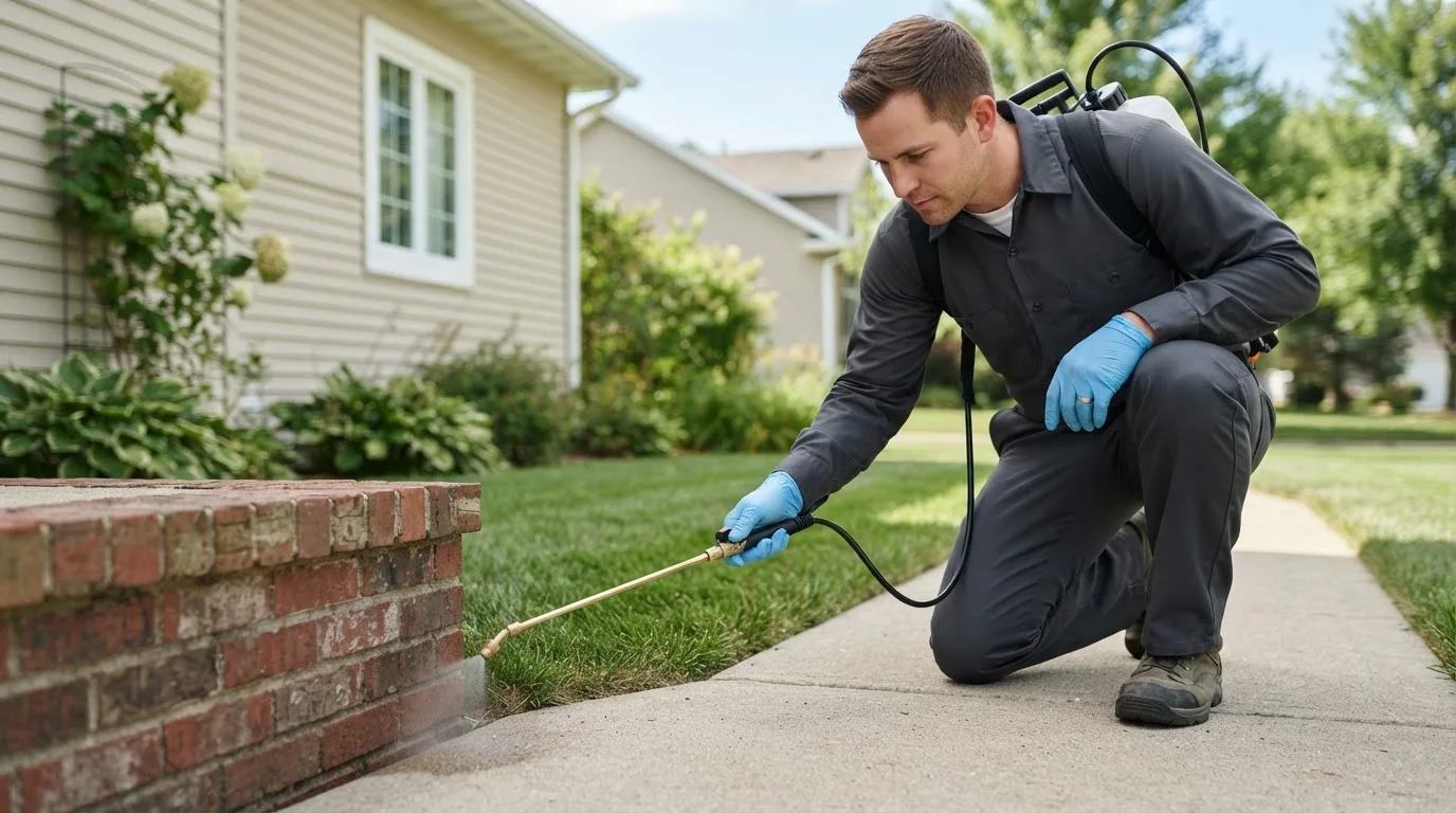 Pest control technician treating a home near Goldsmith, IN