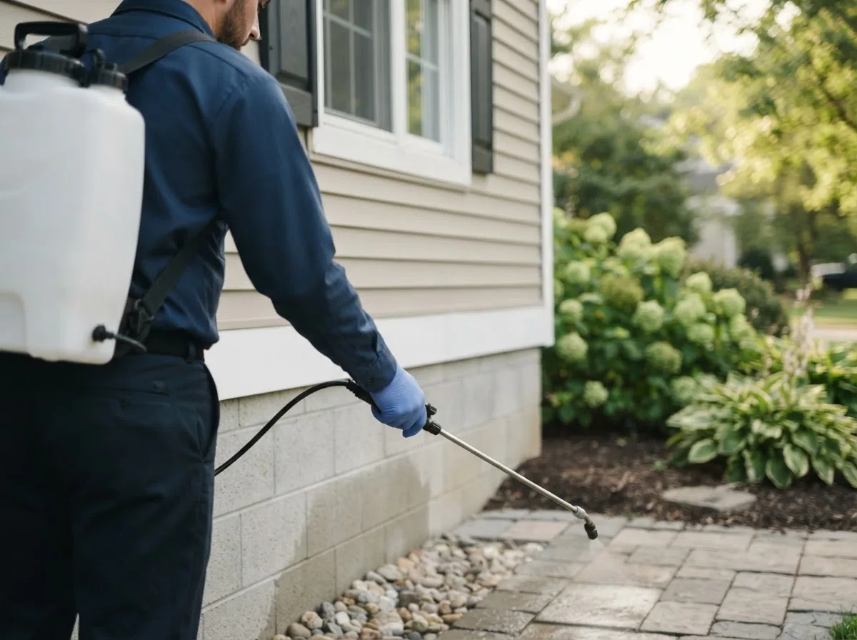 Pest control technician inspecting a home in Goldsmith, IN
